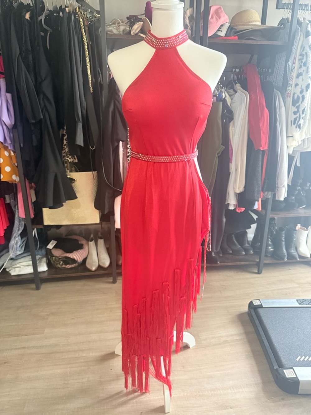 Red Halter Fringe Evening Dress - Brand Unspecified